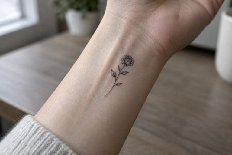19 Small Flower Tattoos for Women Built Around Rose, Lotus, and Wildflower Designs Small fine-line rose tattoo with a slender stem and two leaves on the inner wrist.
