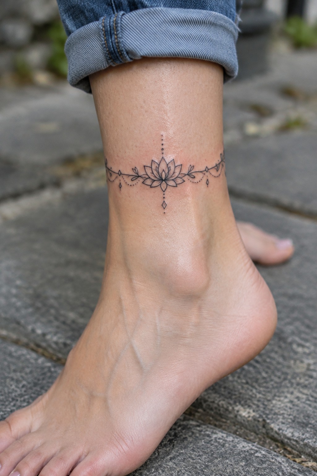 Fine-line lotus flower tattoo forming a delicate band around the ankle, with dotted lines and small diamond accents.