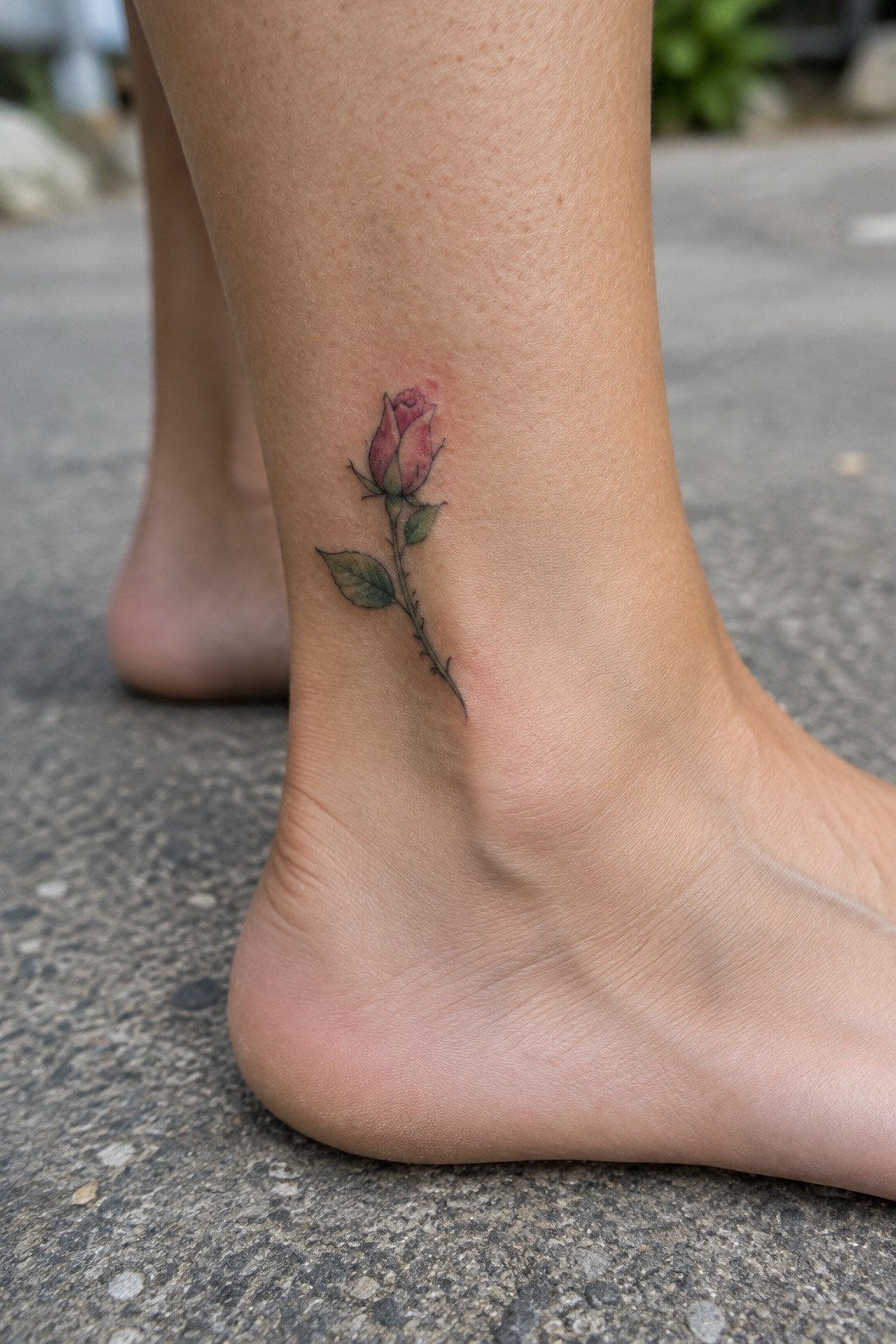 Small pink rose tattoo with a slender green stem on the outer ankle.