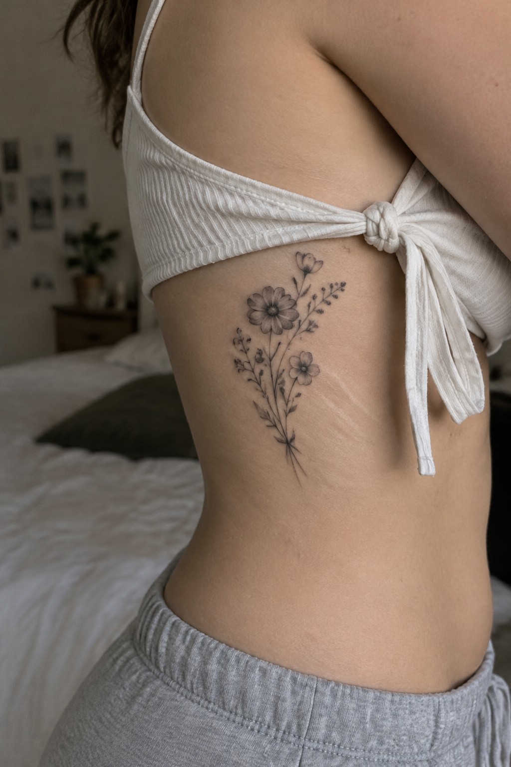 Fine-line wildflower bouquet tattoo on a woman’s side ribs, beneath a white tied top.