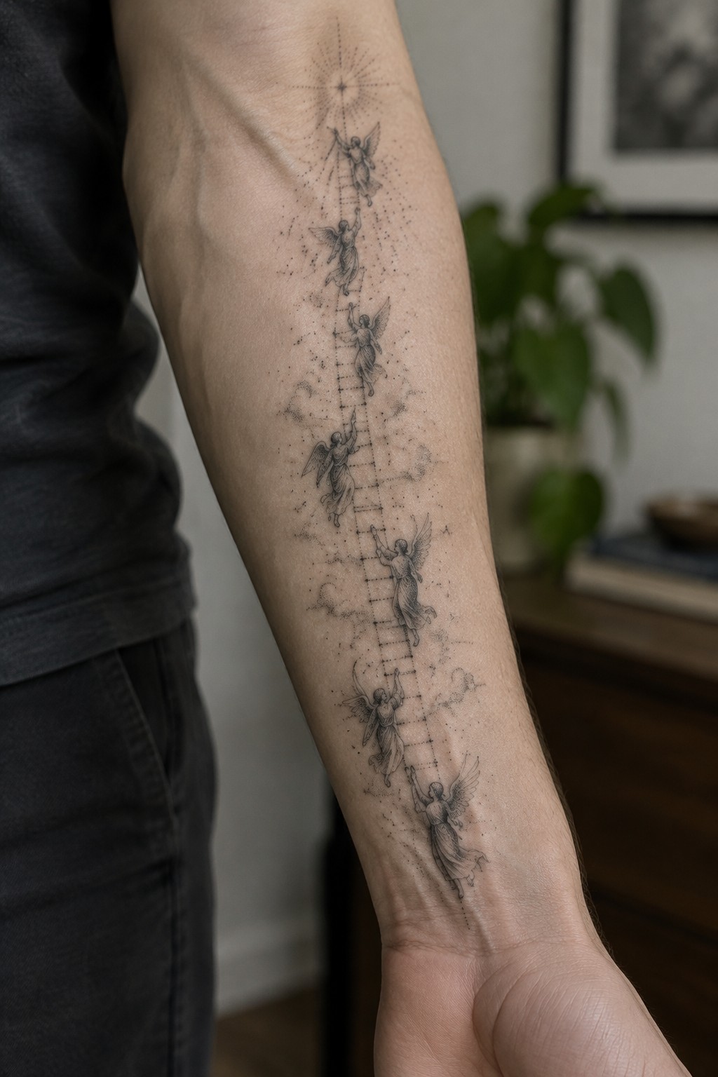 Detailed black tattoo of angels climbing ladder toward radiant star on forearm