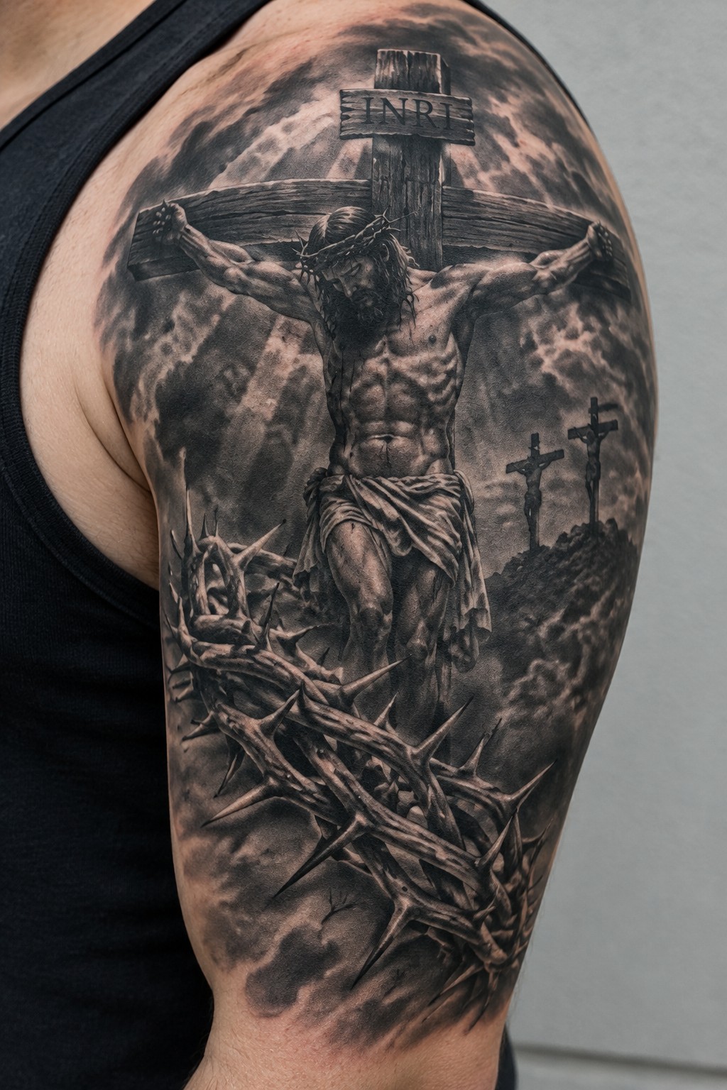 Black and gray realistic tattoo of the crucifixion covering a shoulder and upper arm, with Jesus on the cross, the INRI sign, and two distant crosses on a hill.