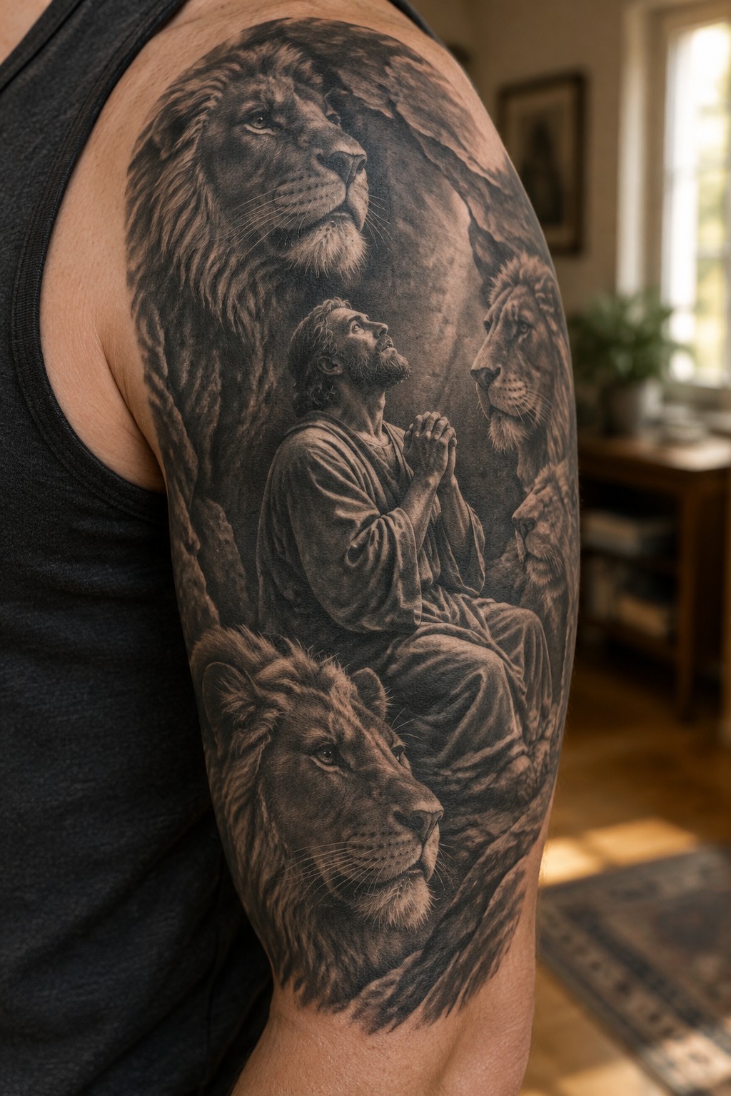 Realistic black-and-gray tattoo of robed man praying amid lions on upper arm