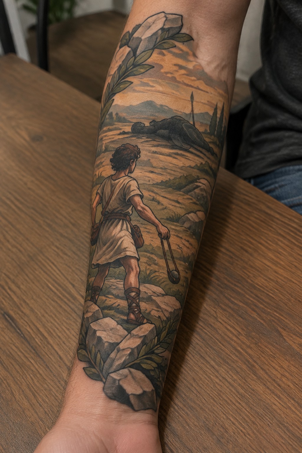 Realistic tattoo of robed man with slingshot walking on rocks under orange sunset sky