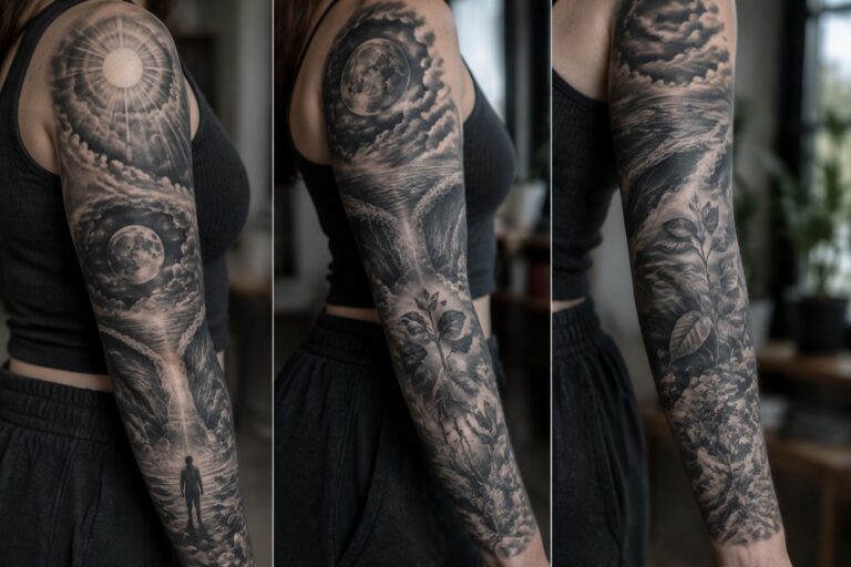 19 Striking Biblical Sleeve Tattoos Inspired by Major Bible Stories Black and grey full sleeve tattoo on a woman's arm showing sun and moon above clouds and waves, a sprouting plant, mountains, and a small walking figure near the bottom.