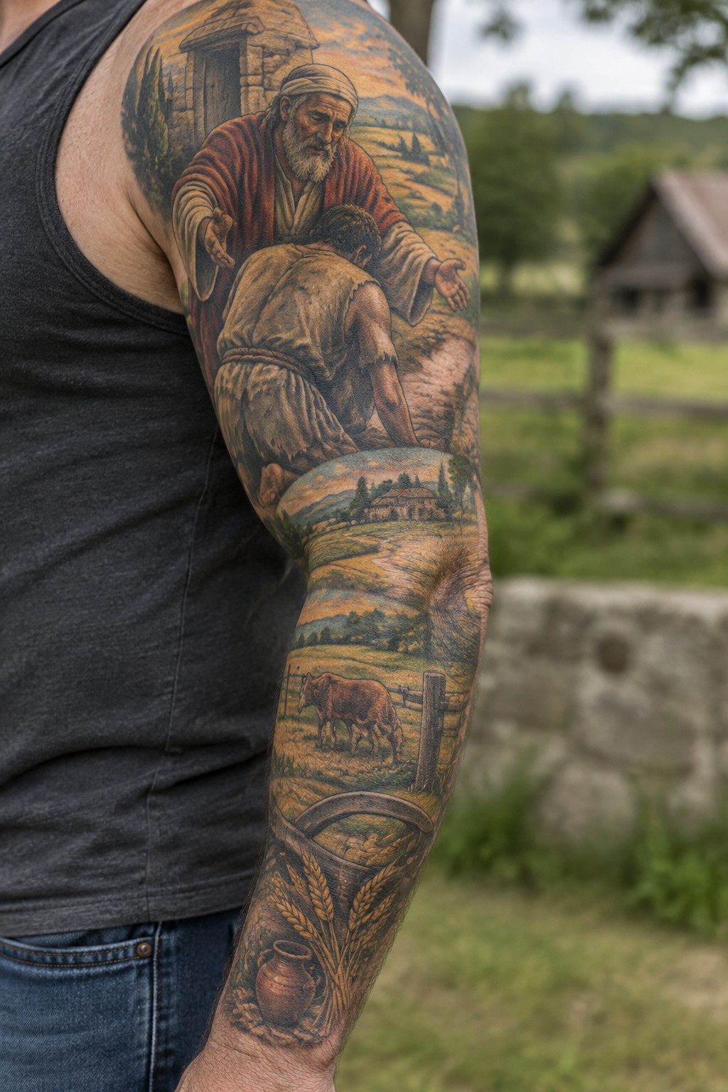 Realistic full sleeve tattoo of the prodigal son story with a robed older man reaching toward a kneeling younger man, plus farm fields, a cow, wheat, and a clay jug across the arm.