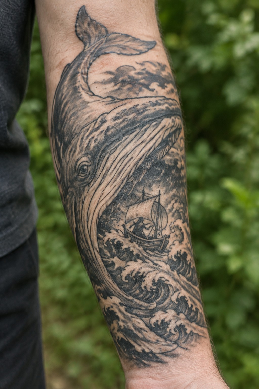 Black and gray realistic arm tattoo of whale with ship in stormy waves.