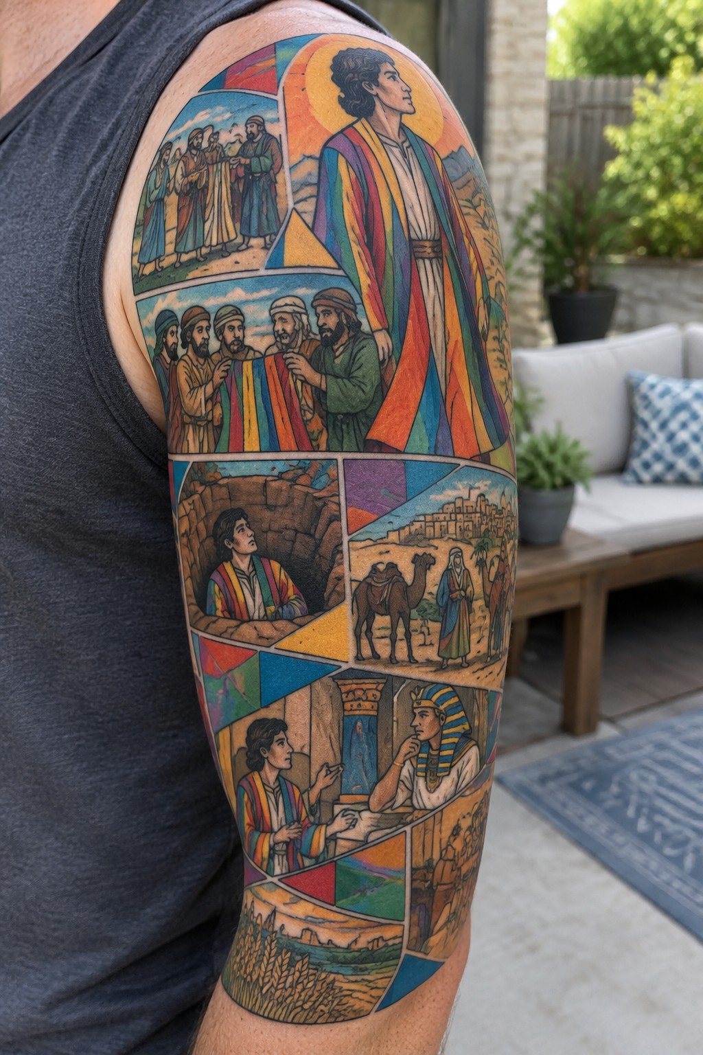 Colorful full sleeve tattoo showing multiple biblical scenes from the story of Joseph arranged in comic style panels with rainbow accents.