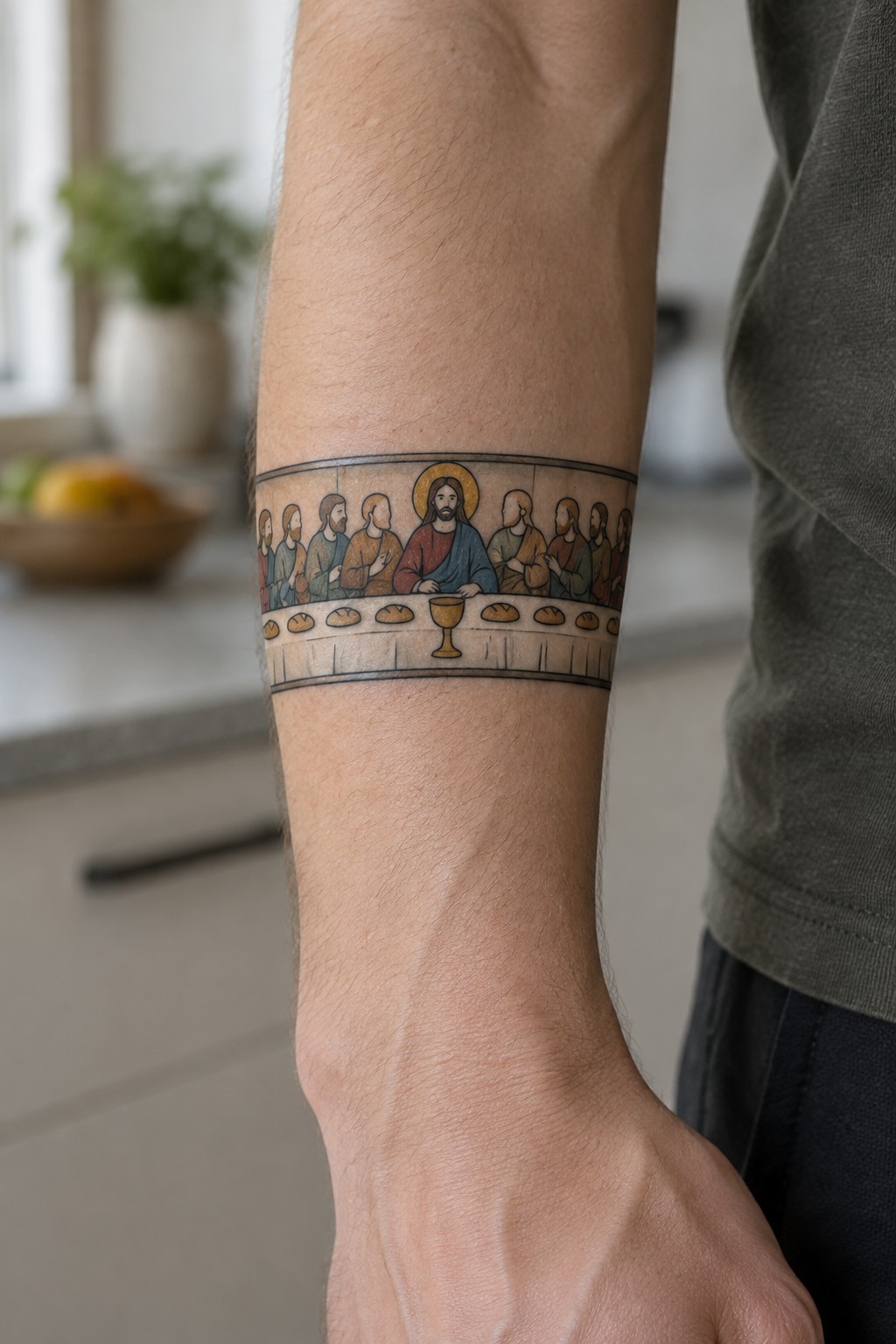 Last Supper tattoo on forearm showing Jesus with halo, apostles, bread, and chalice.
