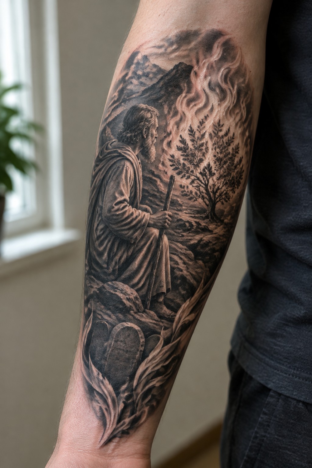 Realistic black-and-gray tattoo of robed bearded man with staff on rocky mountain landscape