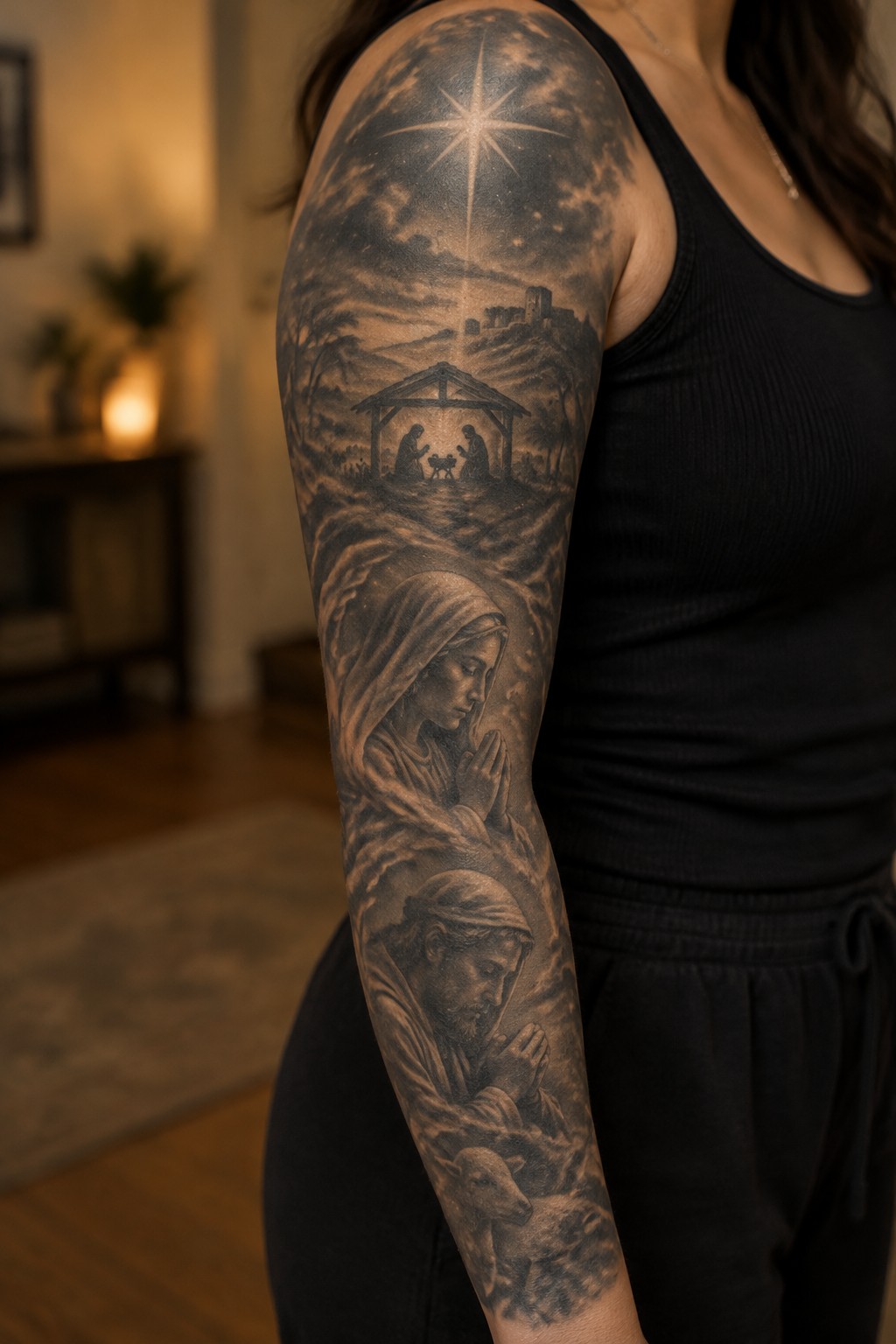 Black tank top with grayscale sleeve tattoo of nativity star, manger, and praying figures.