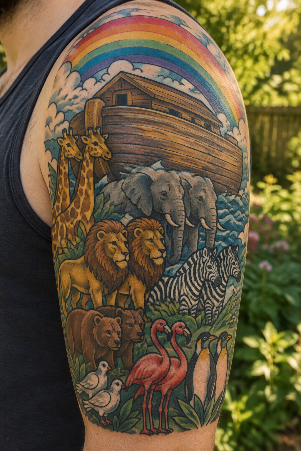 Colorful Noah's Ark tattoo with rainbow, lions, elephants, giraffes on shoulder in black tank top