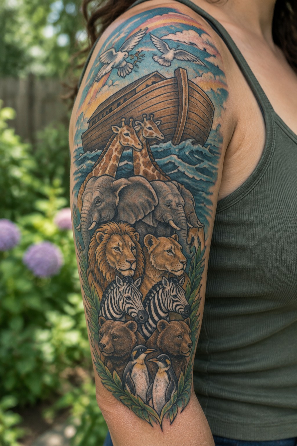 Colorful Noah's Ark tattoo with animals and doves on shoulder above green tank top