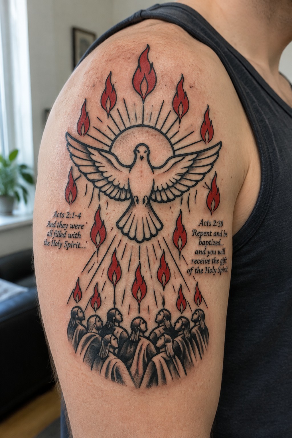 Shoulder tattoo of white dove with red flames above robed figures and Bible verses.