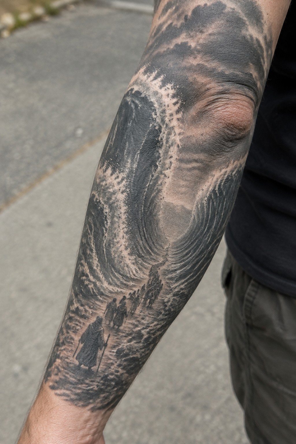 Black and gray tattoo of robed figures with staffs walking through swirling waves.