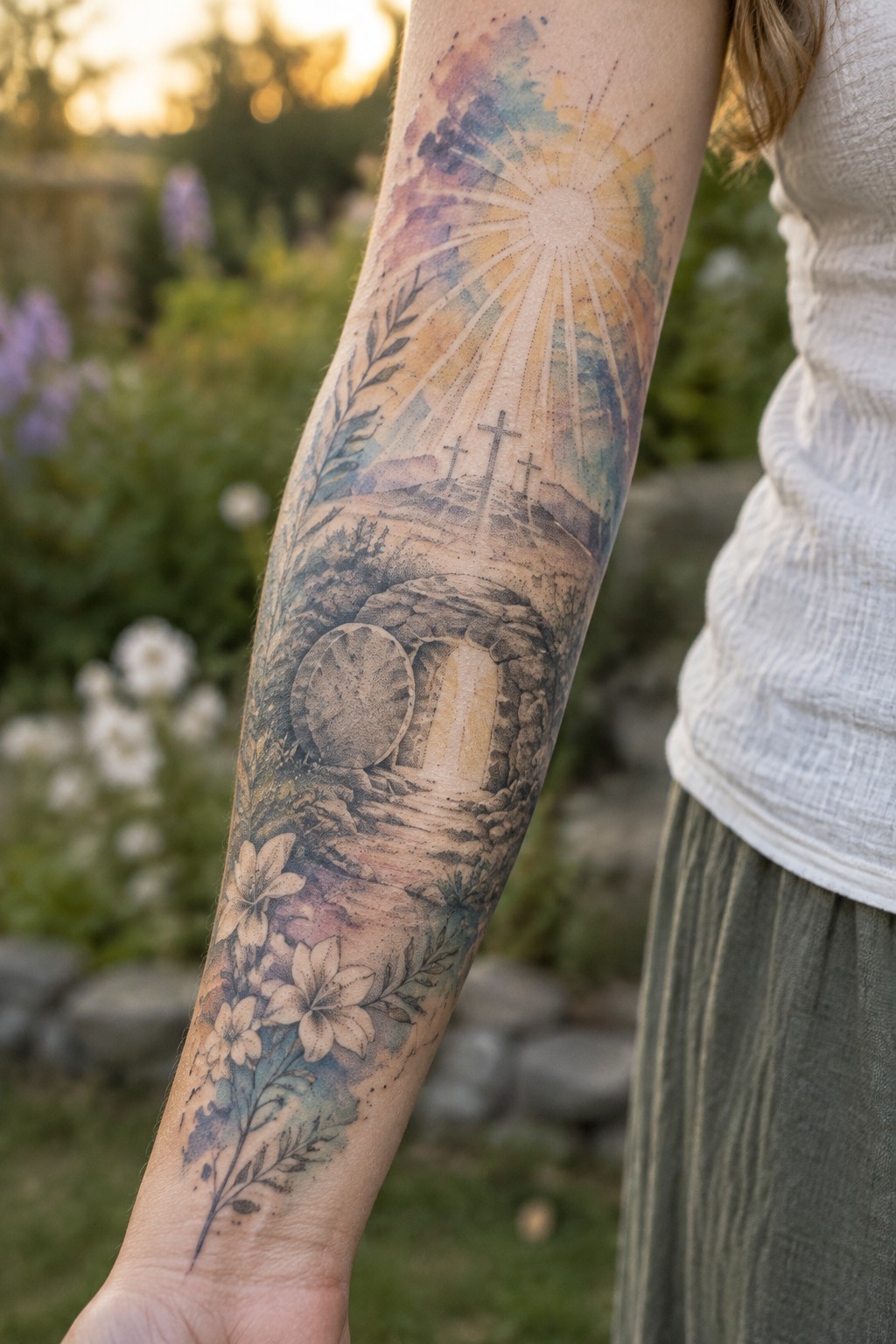 Colorful watercolor tattoo on arm showing open tomb, three crosses, and flowers