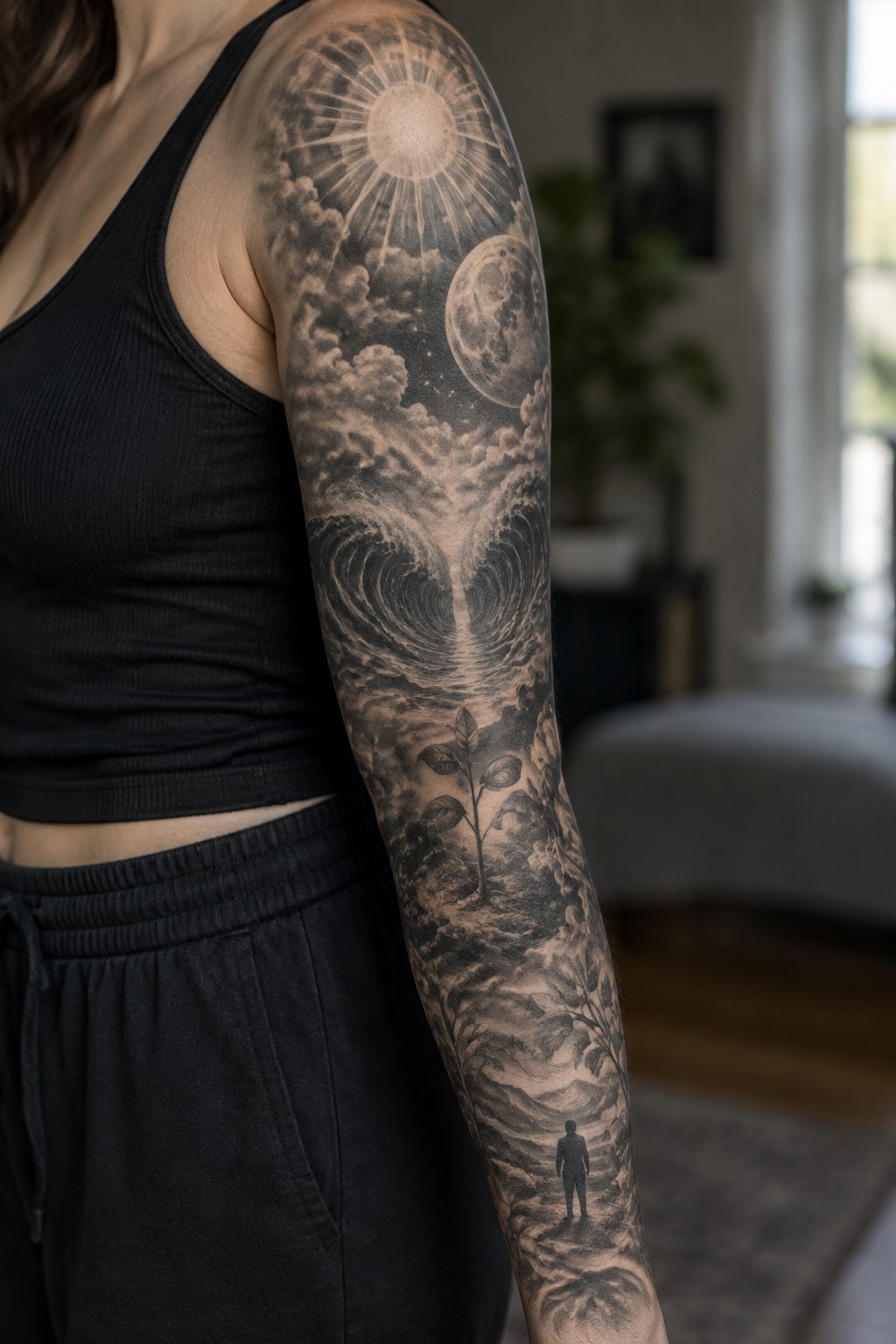 Black and grey full sleeve tattoo on a woman's arm showing sun and moon above clouds and waves, a sprouting plant, mountains, and a small walking figure near the bottom.