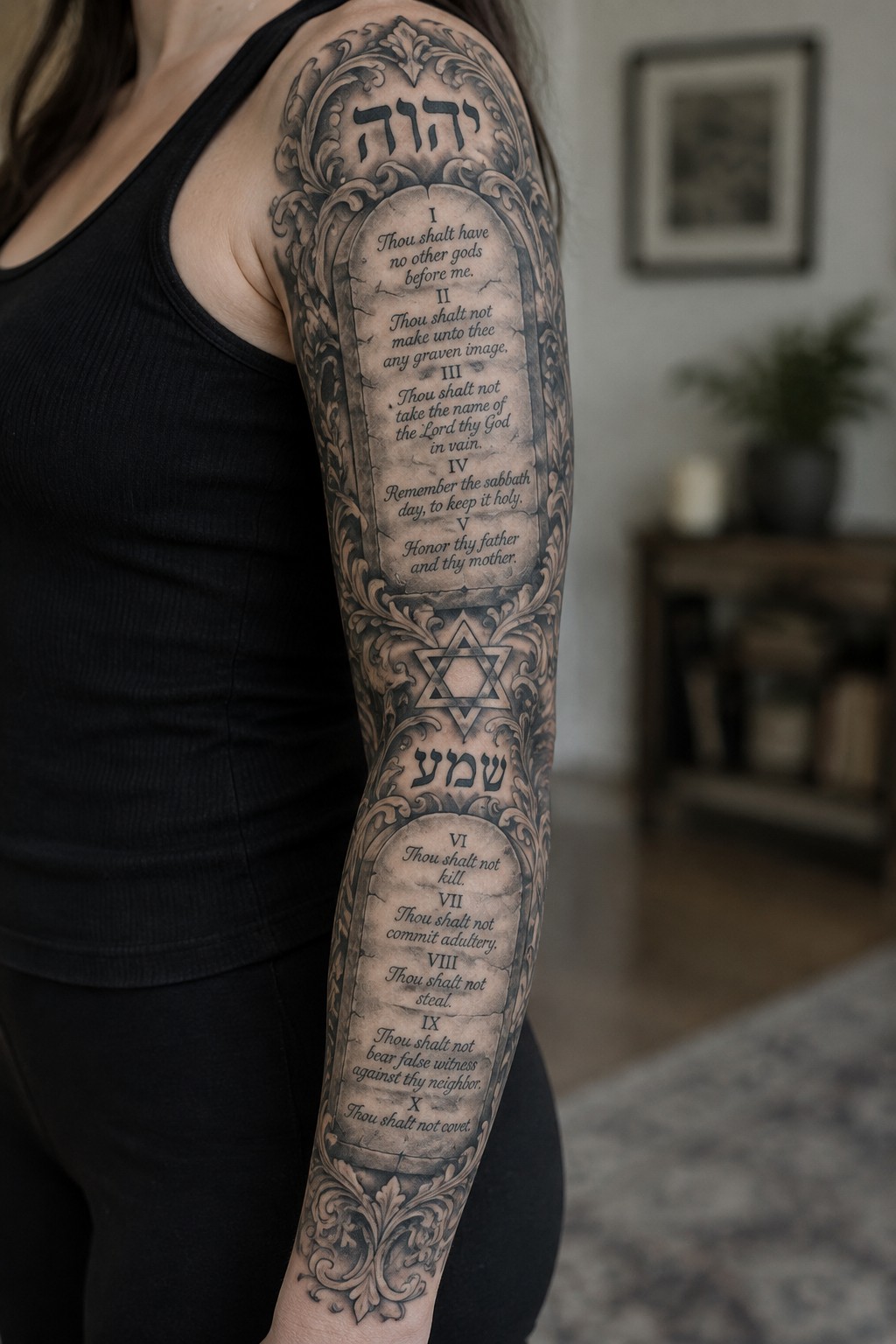 Black and grey sleeve tattoo showing the ten commandments on stone tablets with a star of david in the center and hebrew text at the top and bottom of the arm