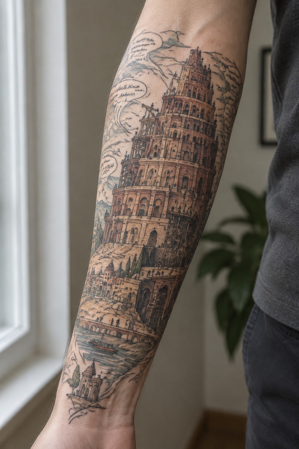 Detailed Tower of Babel tattoo in brown tones covering a forearm.