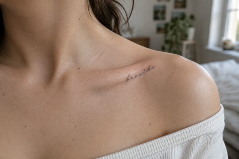 19 Stylish Collarbone Tattoos for Women Centered Around Delicate Fine Lines Small fine-line script tattoo reading “breathe” below the collarbone near the shoulder.