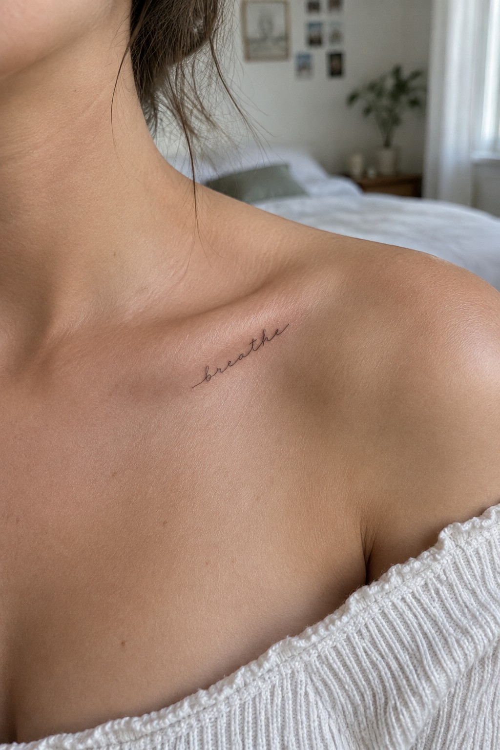 Small fine-line script tattoo reading “breathe” below the collarbone near the shoulder.