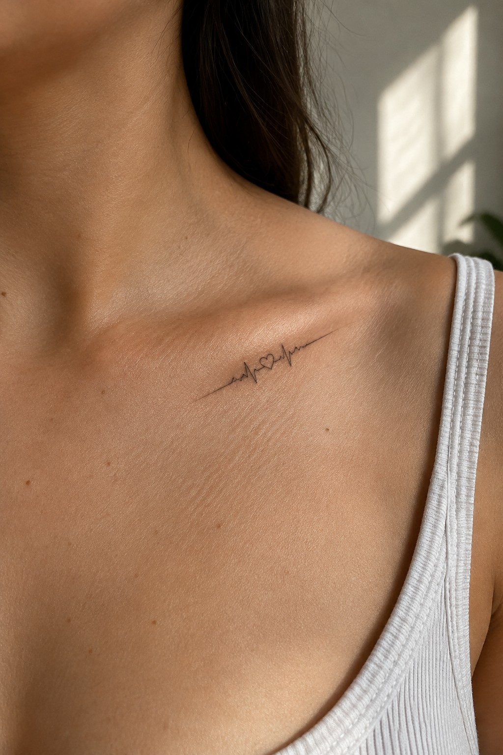 Small black fine-line heartbeat and heart tattoo placed along a woman’s collarbone.