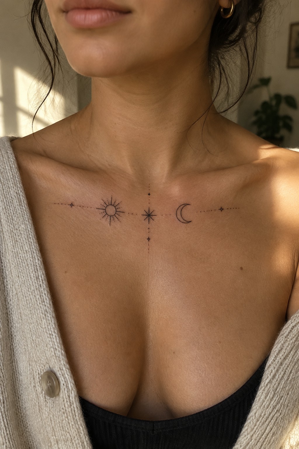 Fine-line sun, star, and crescent moon tattoo with dotted lines across a woman’s upper chest.