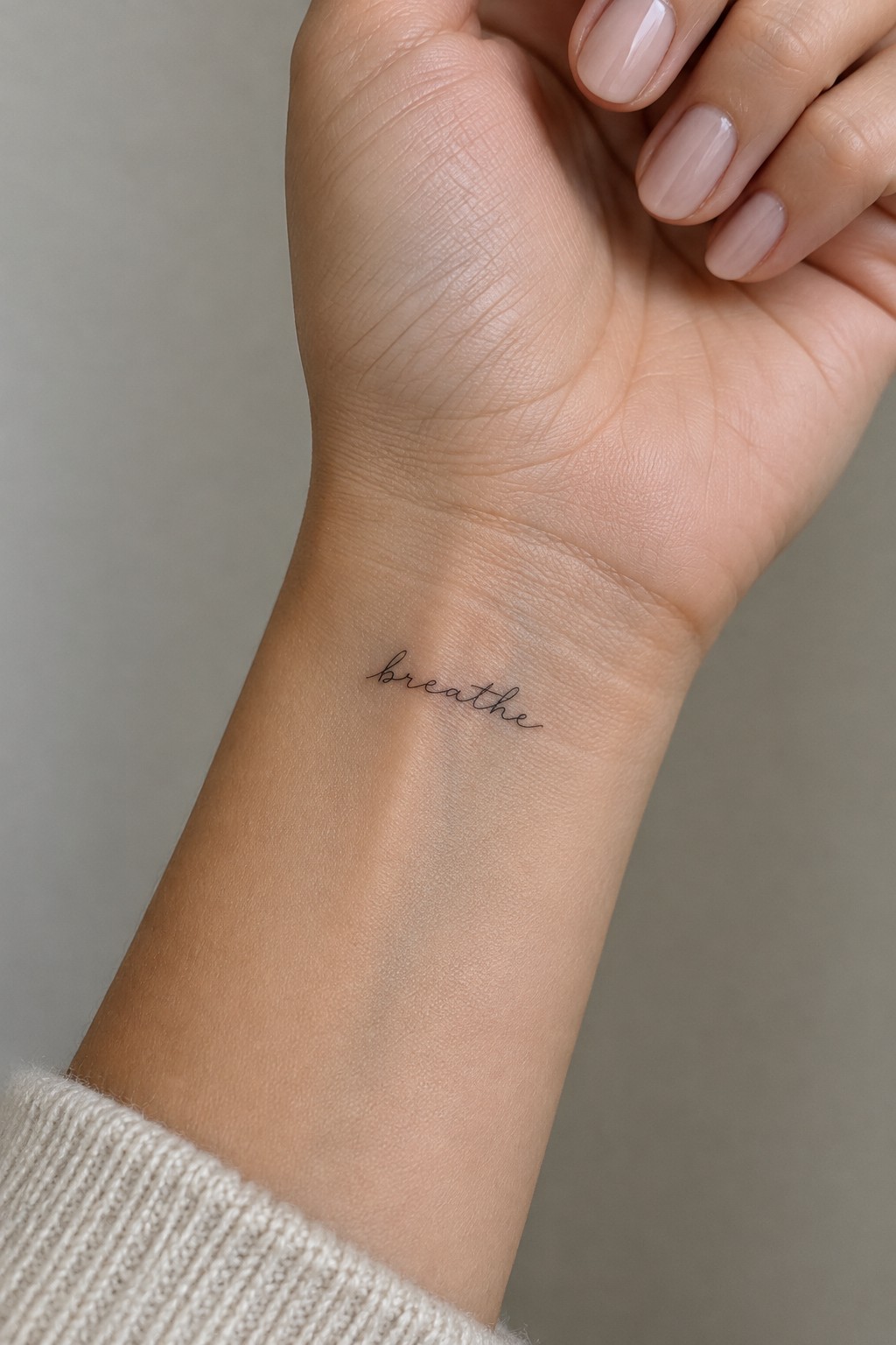 Small fine-line script tattoo reading “breathe” on the inner wrist.