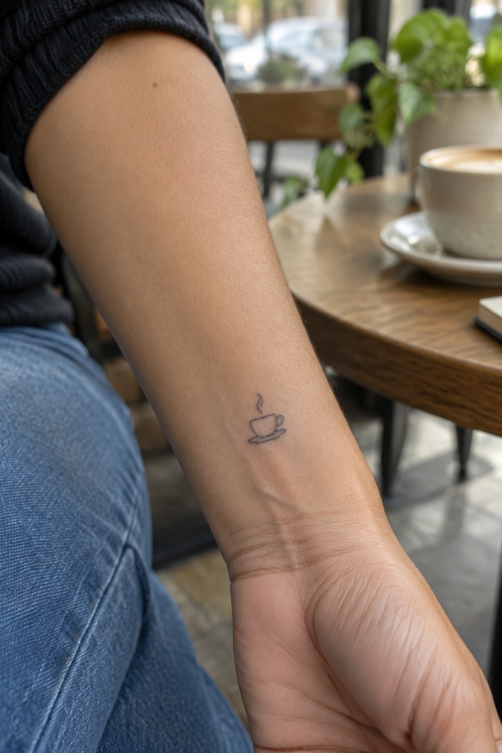 Small fine-line tattoo of a steaming coffee cup on the inner forearm.