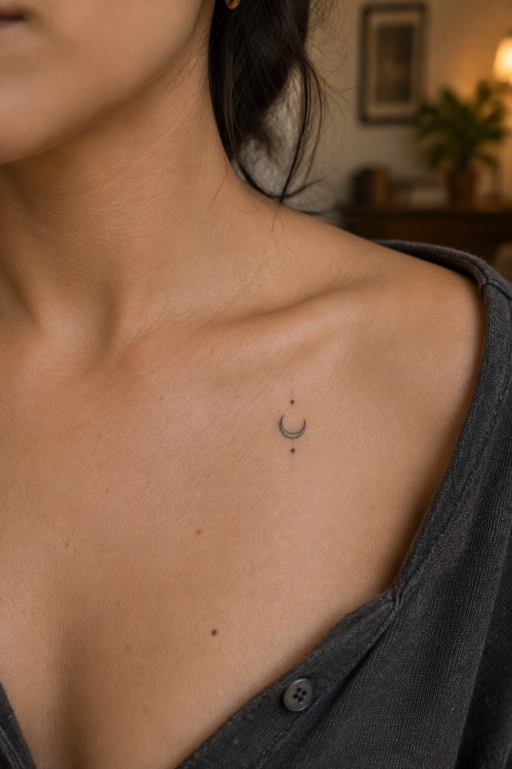 Small black crescent moon tattoo with a dot above and below it on a woman’s upper chest near the collarbone.