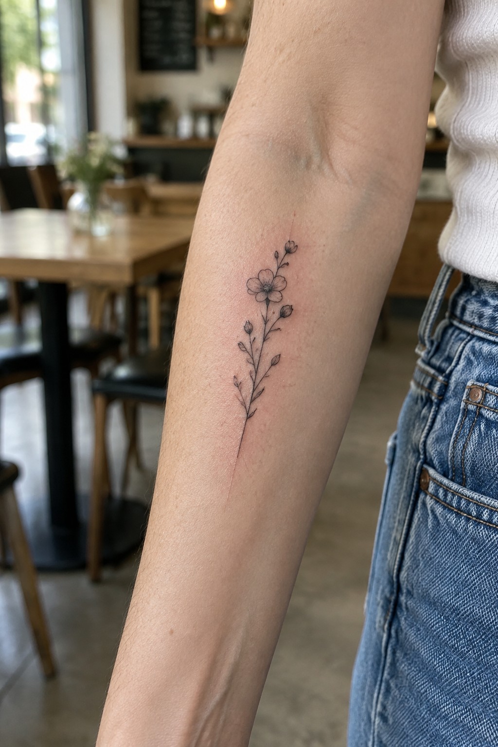 Small fine-line black floral tattoo with one open blossom and several buds on the inner forearm.
