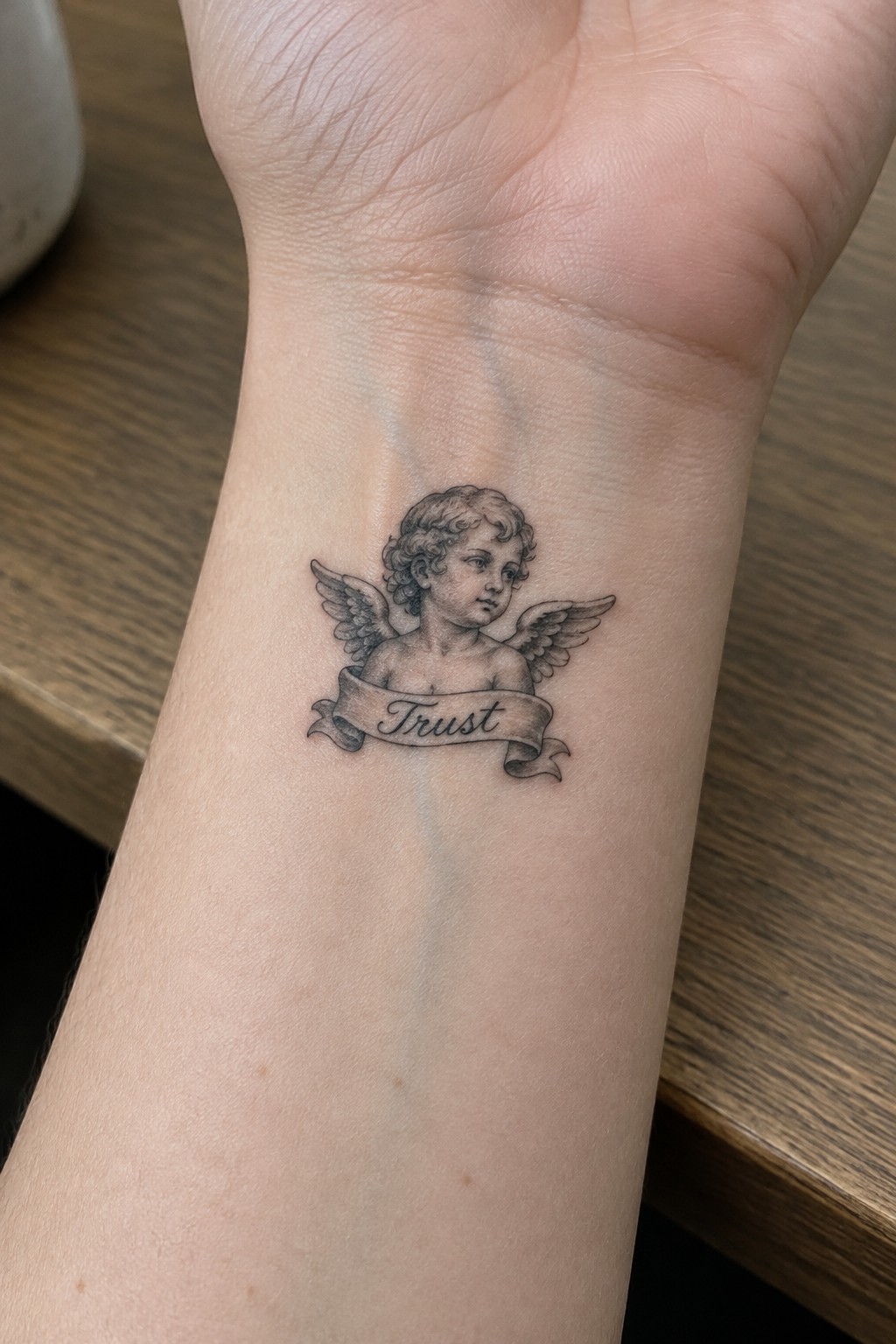 Small black and gray cherub angel tattoo on inner wrist with wings and a trust banner underneath