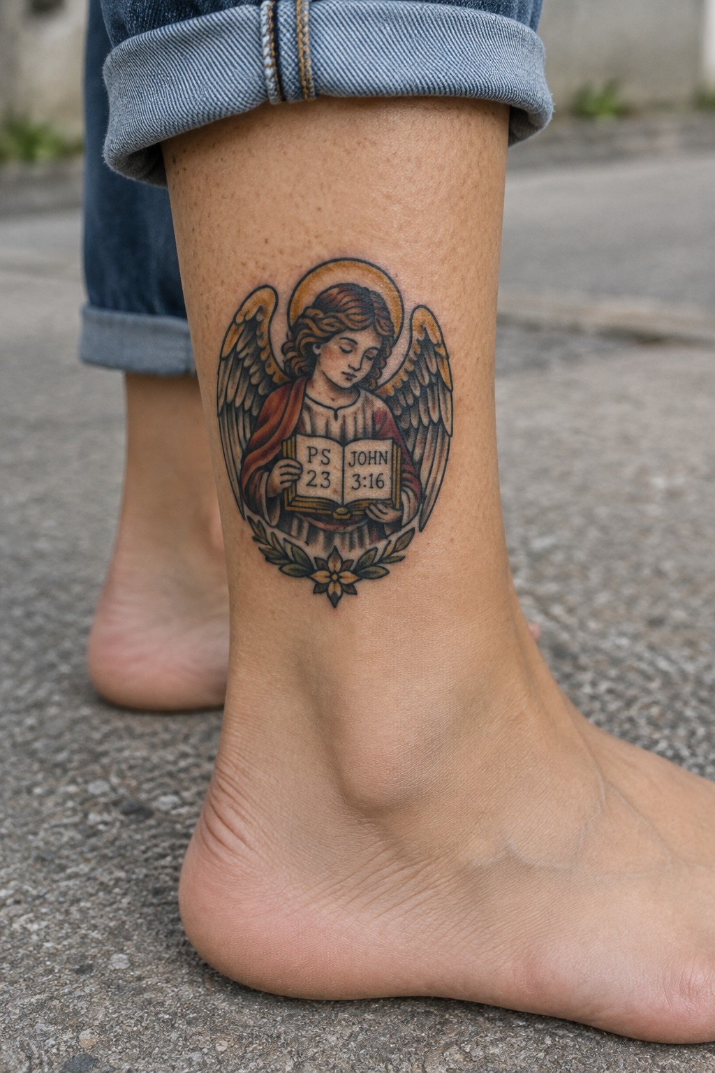 A tattoo of a winged angel holding an open book with Psalm 23 and John 3:16 on the ankle