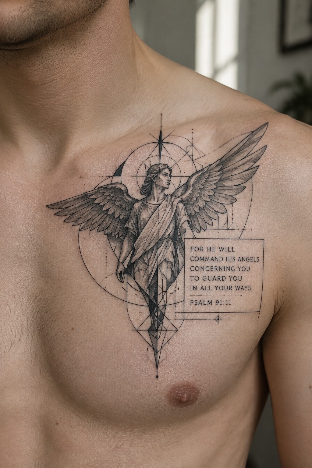 Angelic tattoo with wings, geometric lines, and Psalm 91:11 verse on chest
