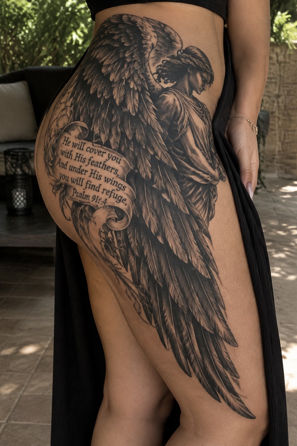 Large angel wings tattoo with Psalm 91:4 quote on woman's hip and thigh