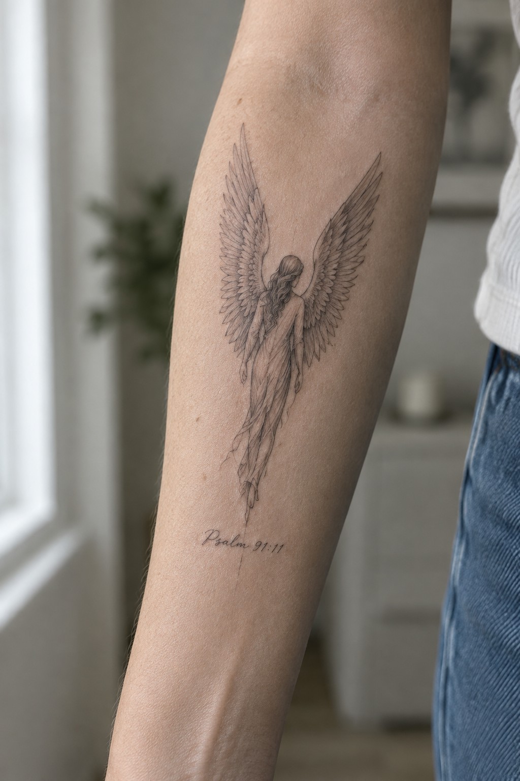 Angel tattoo with large wings on arm above Psalm 91:11 text