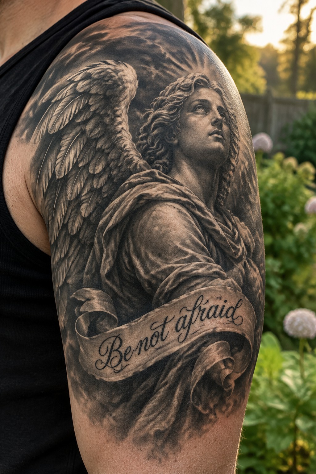 Realistic black-and-gray angel tattoo with