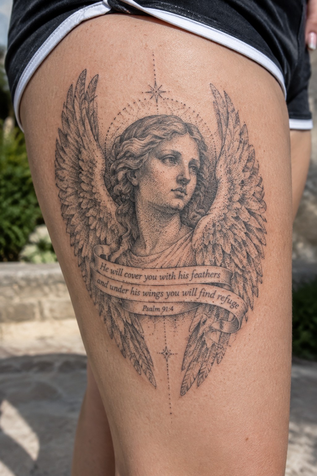 Black and gray angel tattoo with wings and banner on thigh under black shorts