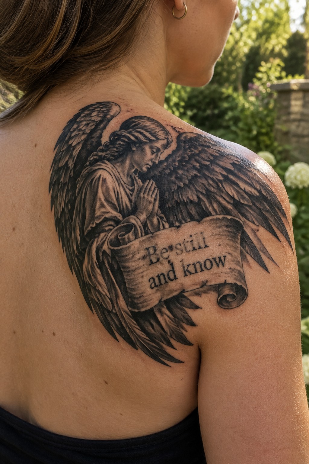 Black and grey tattoo of a large angel with spread wings on a woman's shoulder, holding a scroll that says