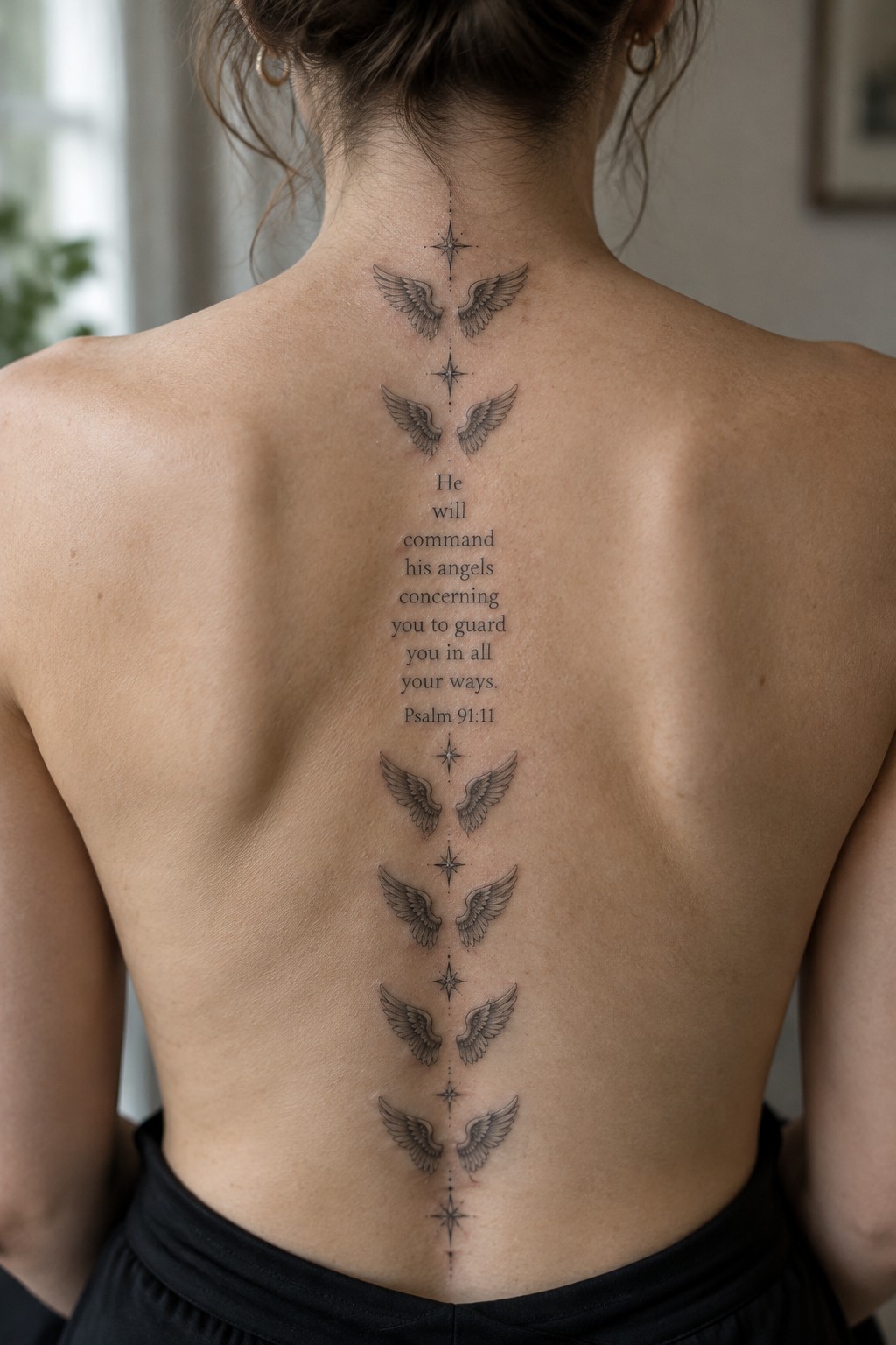 Spine tattoo with angel wings, stars, and Psalm 91:11 text on woman's back