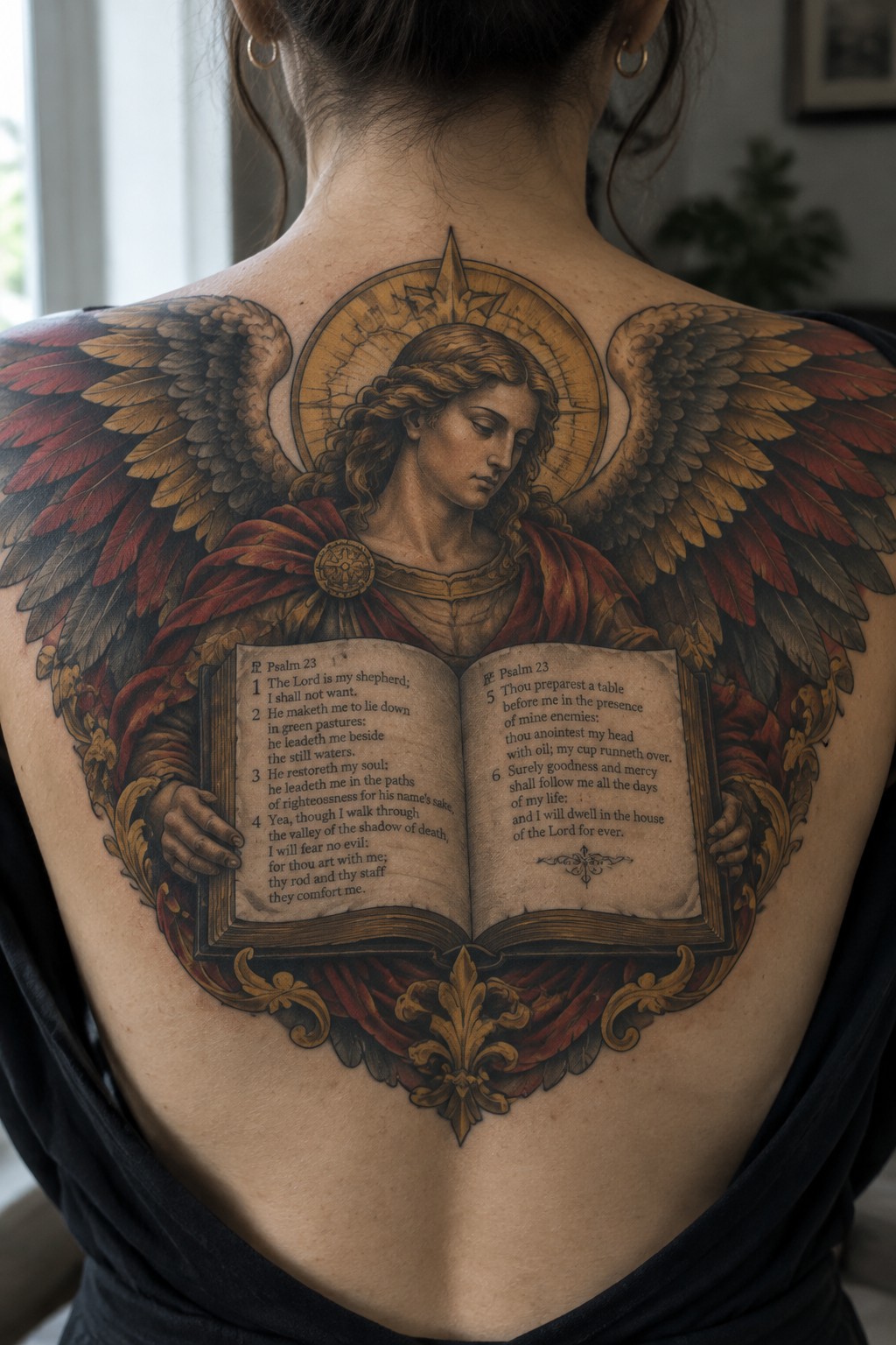 Woman's back with ornate tattoo of winged angel holding open Psalm 23 Bible