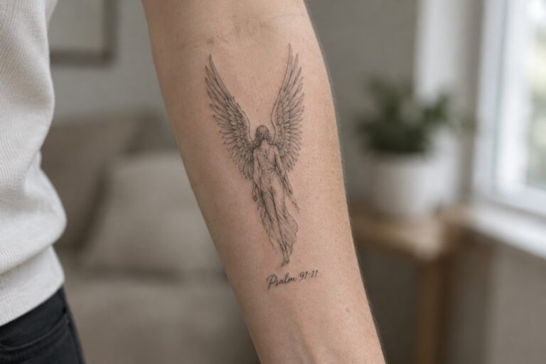 20 Biblical Angel Tattoos Featuring Scriptural Imagery and Detailed Wings Angel tattoo with large wings on arm above Psalm 91:11 text