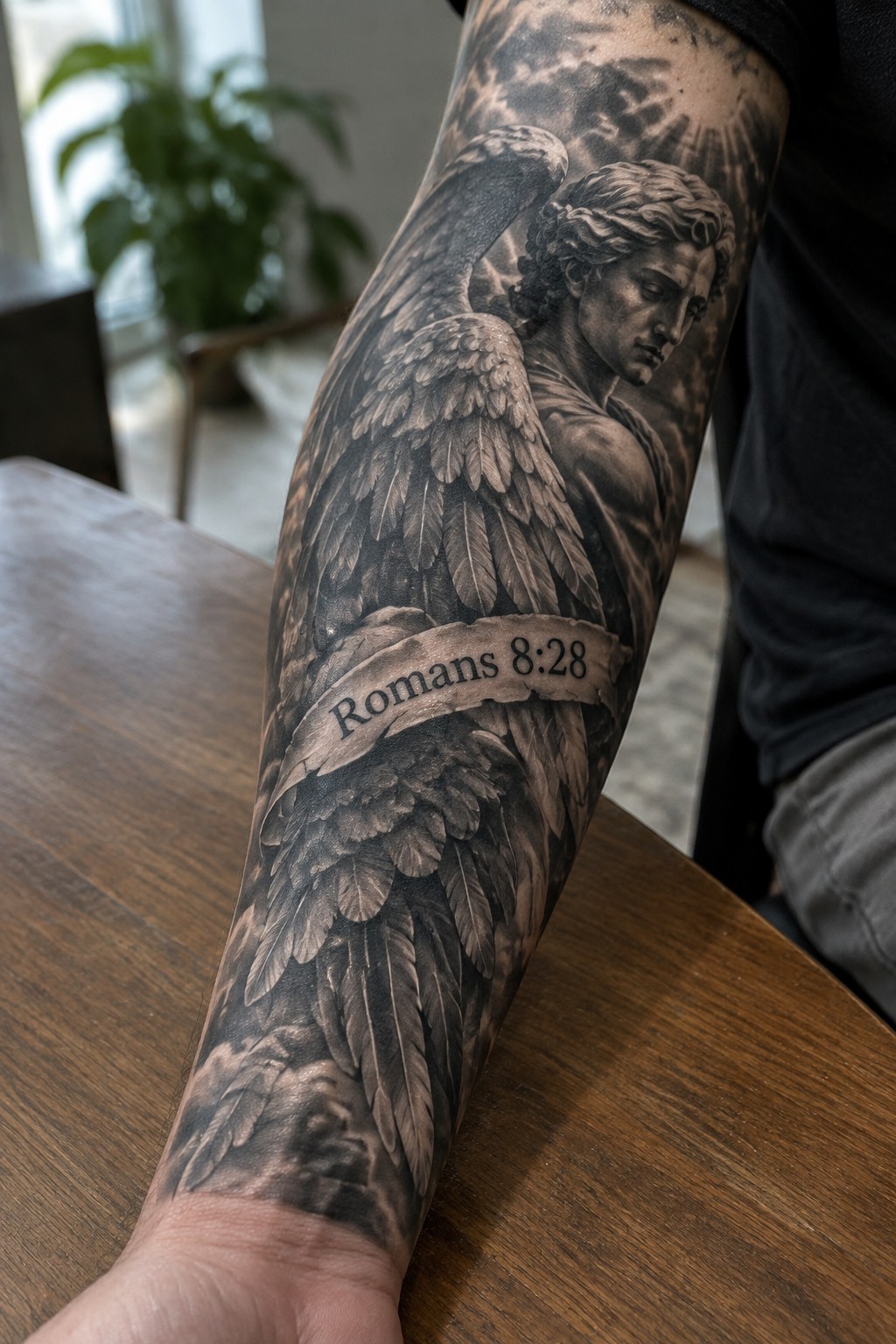 Black and gray angel tattoo with wings and Romans 8:28 banner on arm