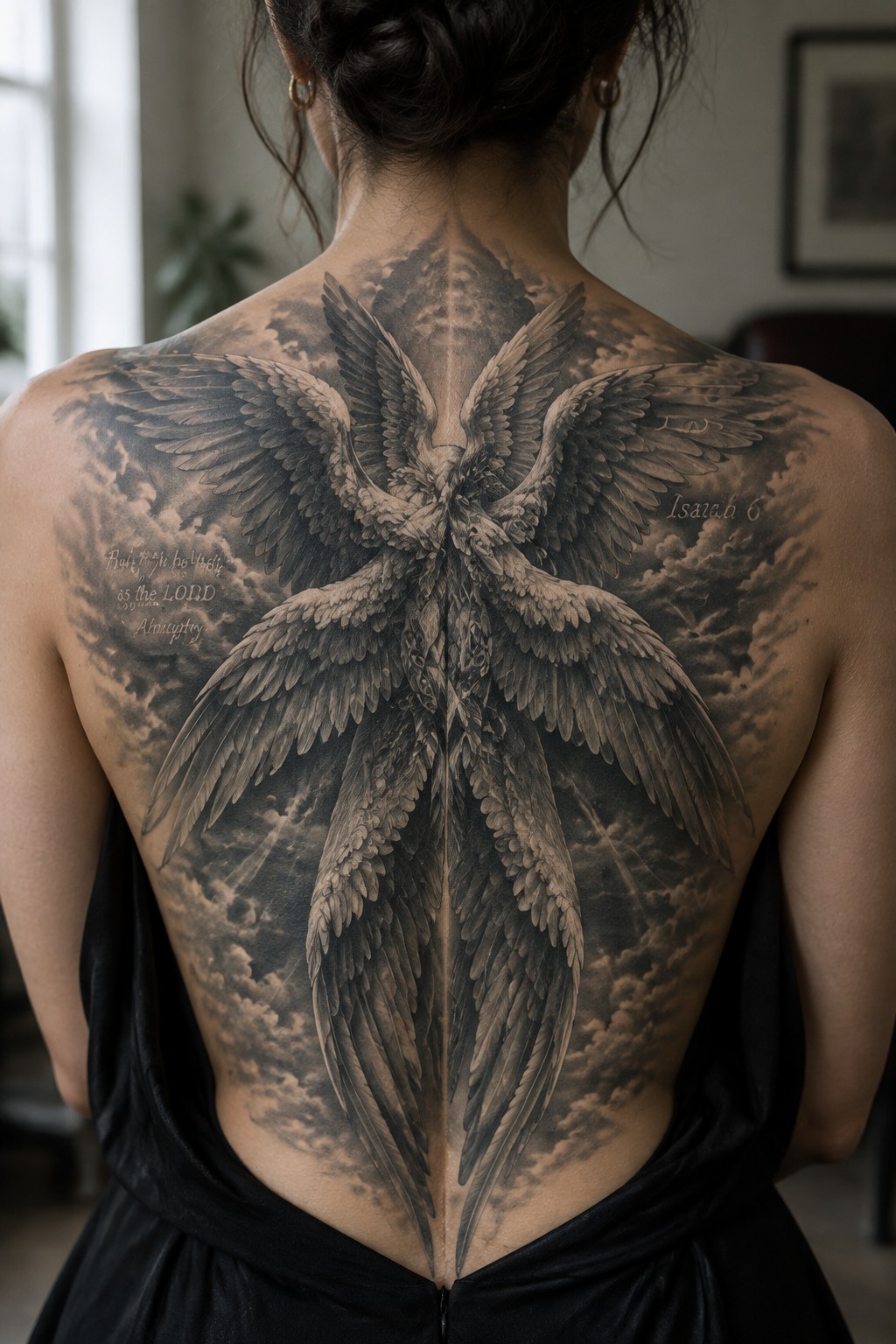 Woman's back with large realistic angel wings tattoo above black dress with clouds