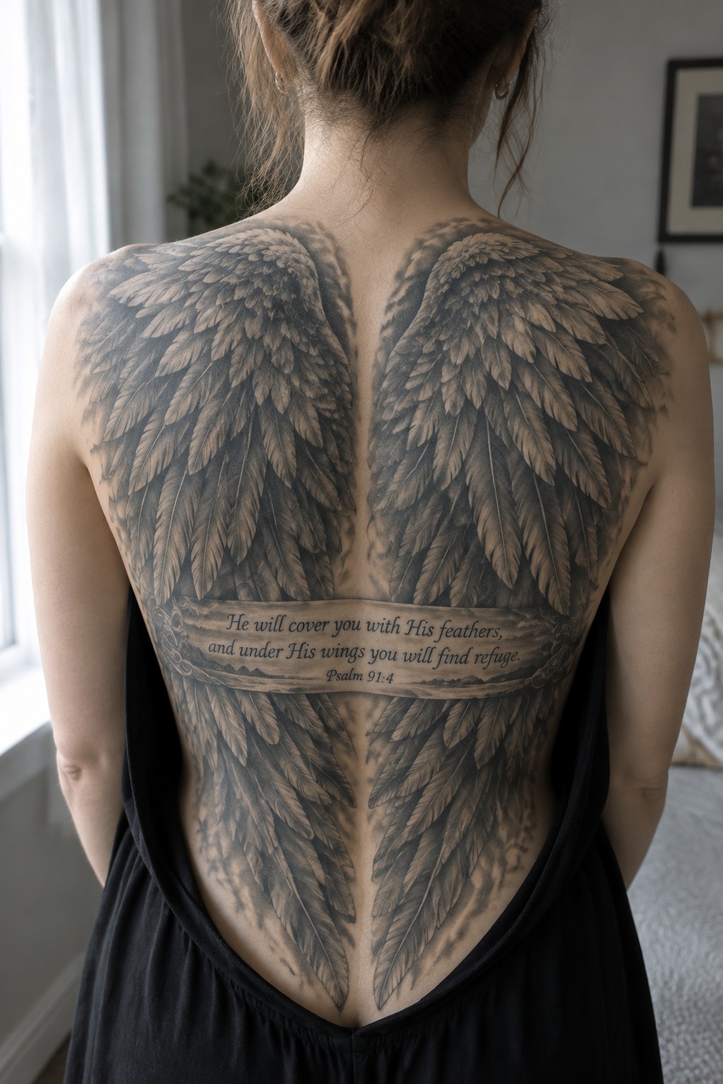 Woman's back with large angel wing tattoos and psalm banner over black dress