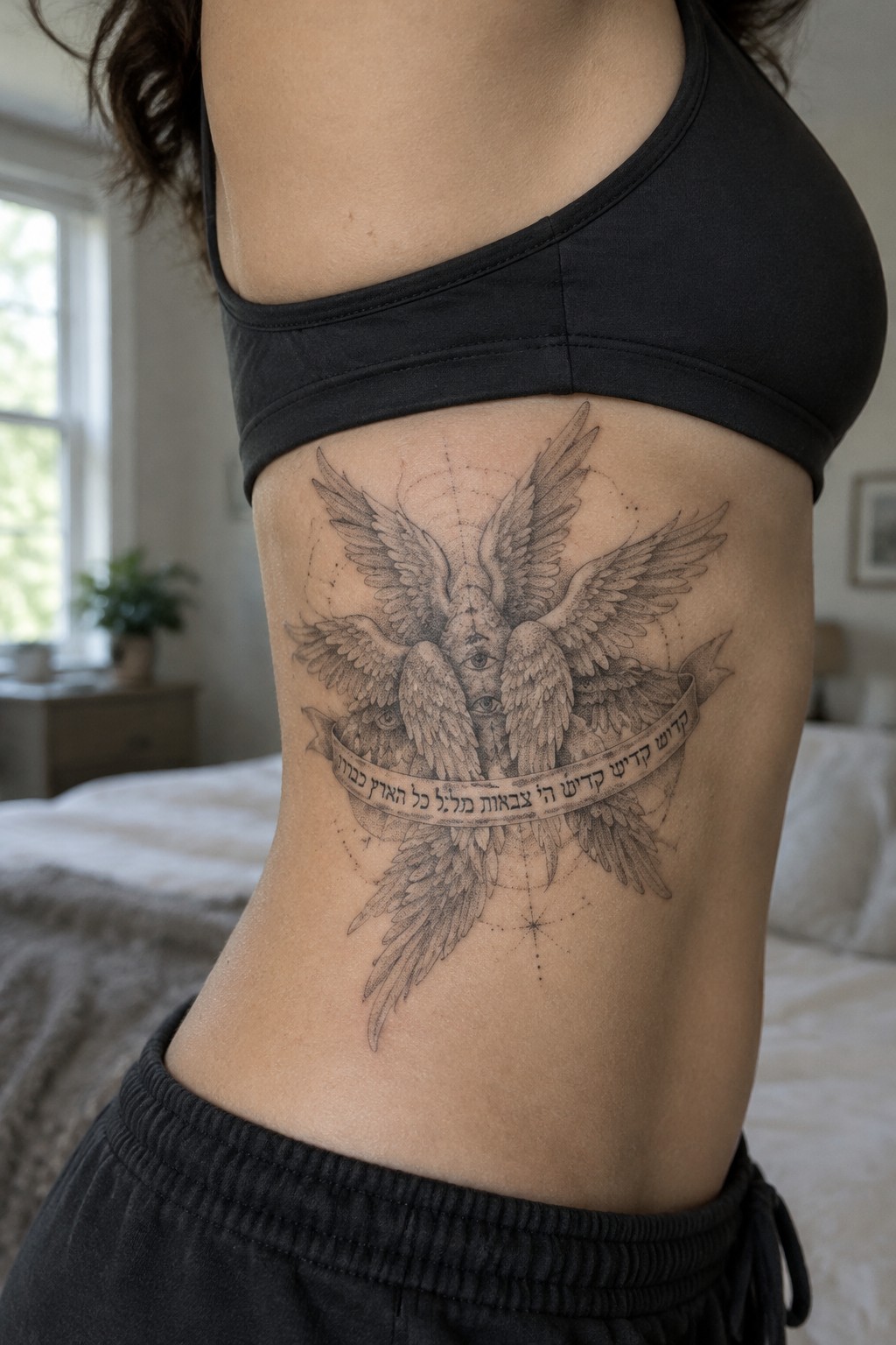 Woman's torso with large black-grey tattoo of winged seraphim and Hebrew banner.