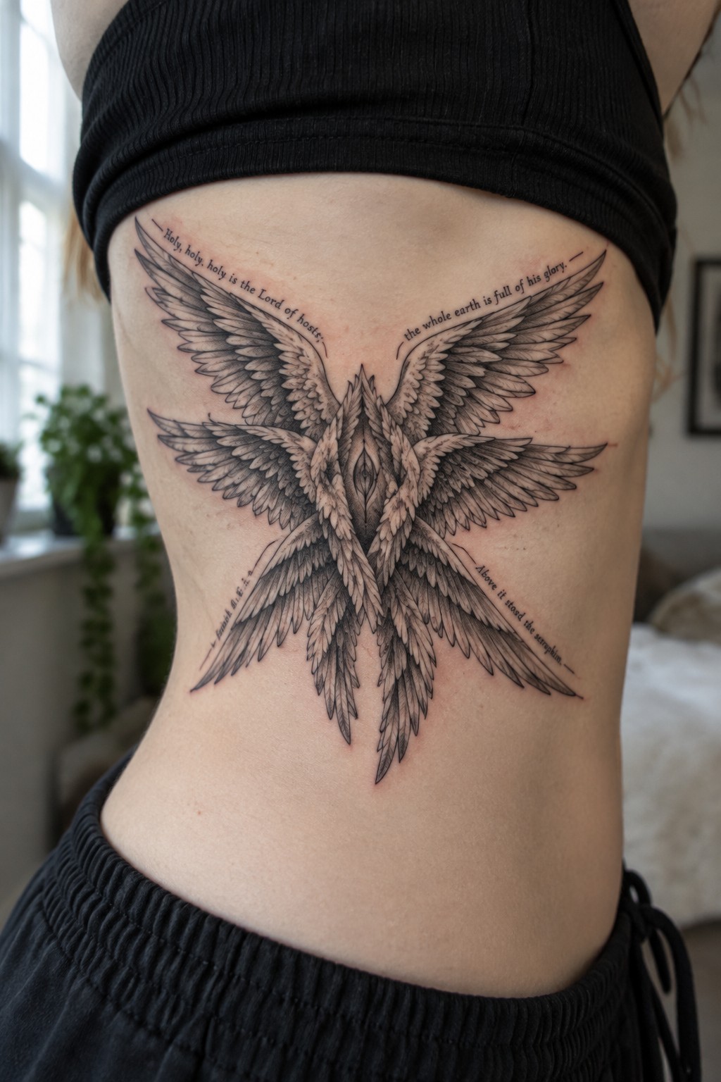 Large black-and-grey seraphim wing tattoo with scripture on lower back.