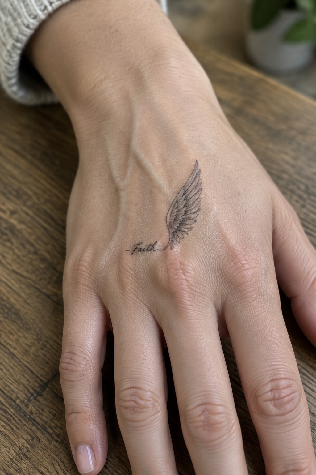 Hand in knitted sleeve with cursive Faith and wing tattoo on wooden table