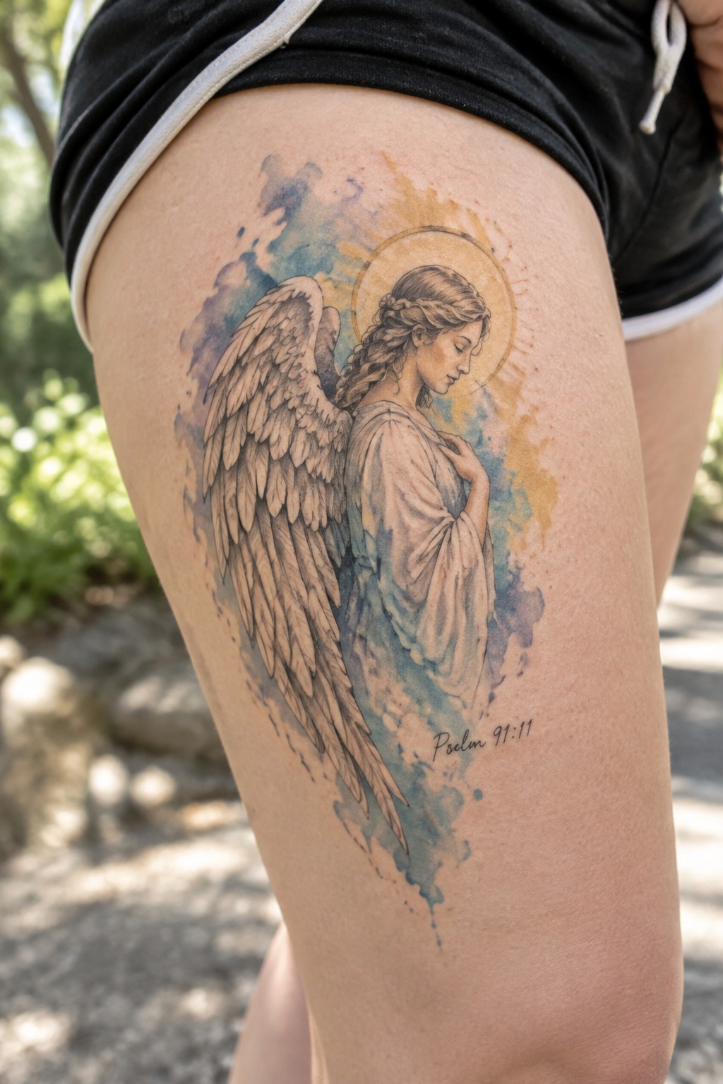 Thigh tattoo of winged angel with halo in blue-yellow watercolor style, Psalm 91:11 text.
