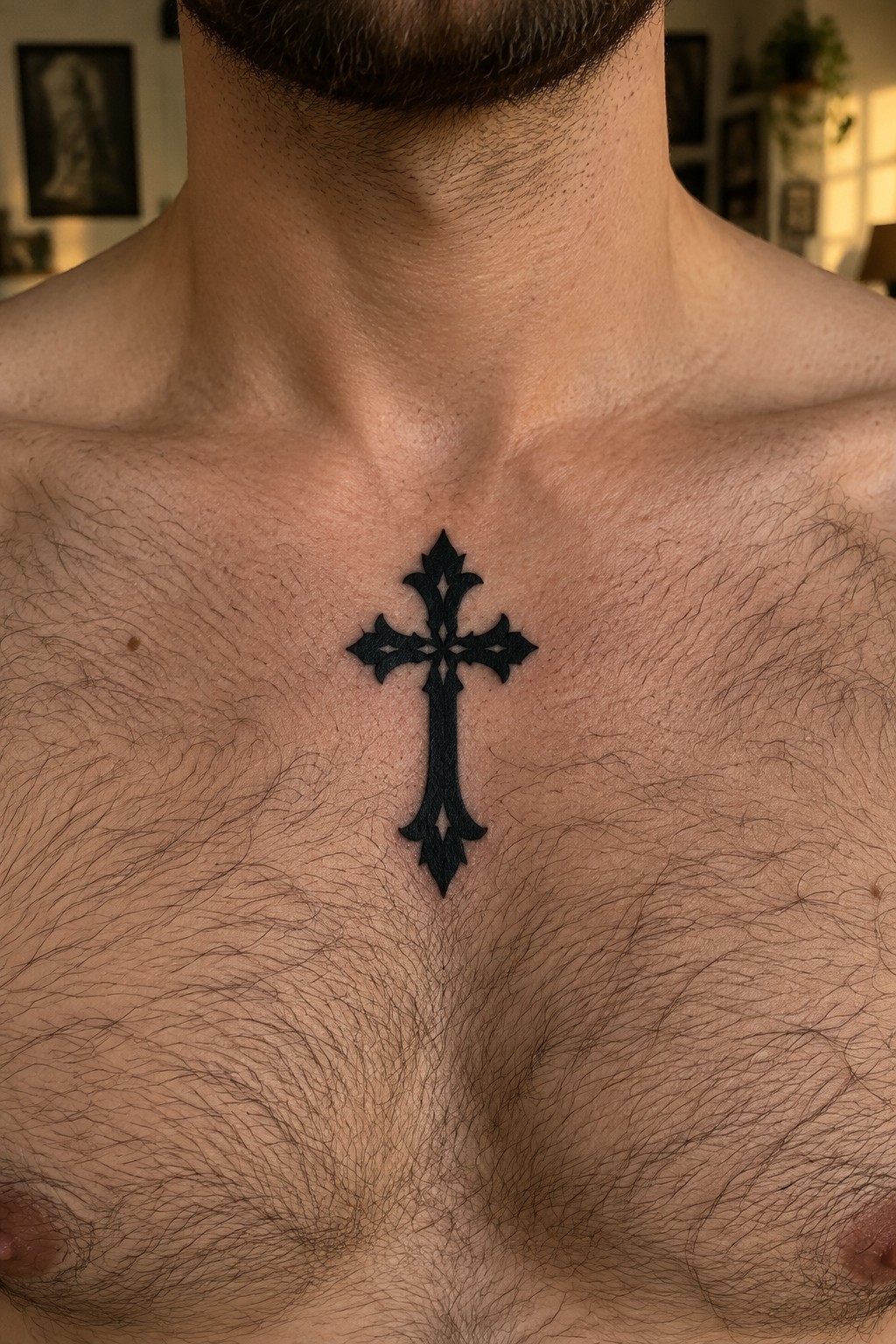 Ornate black cross tattoo centered on a man's hairy chest